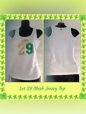 White Mesh Tank Top with Green and Gold Appliqué 29